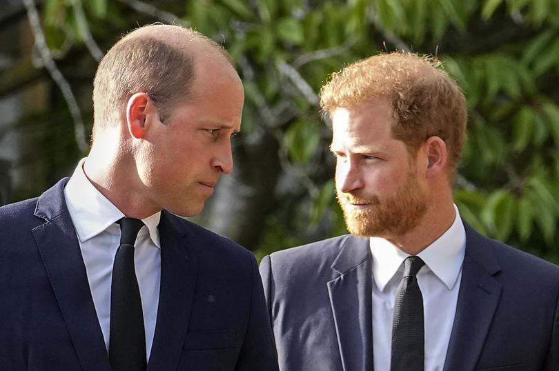 Britain's Prince William and Britain's Prince Harry walk beside each other after viewing the floral tributes for the late Queen Elizabeth II after her death in 2022.