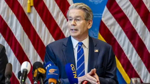 EPA US Secretary of the Treasury Scott Bessent speaks at press conference in Geneva on 12/5/2025 after two days of trade negotiations between US and China officials 