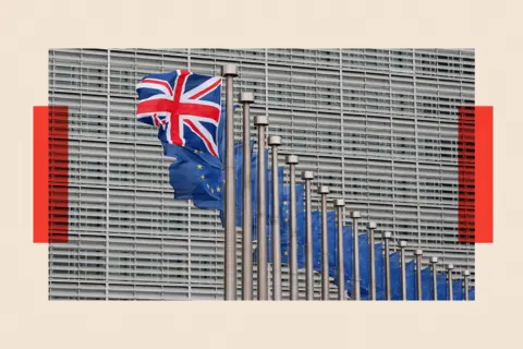 European Photopress Agency  A Union Jack flag flutters next to European Union flags