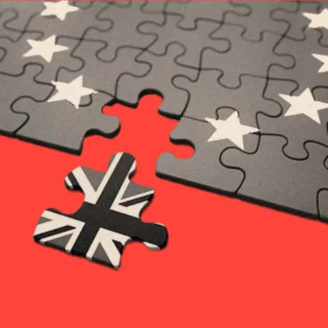 BBC A treated image of jigsaw puzzle where one piece with the UK flag is separated from the puzzle, and the rest of the pieces show the EU flag