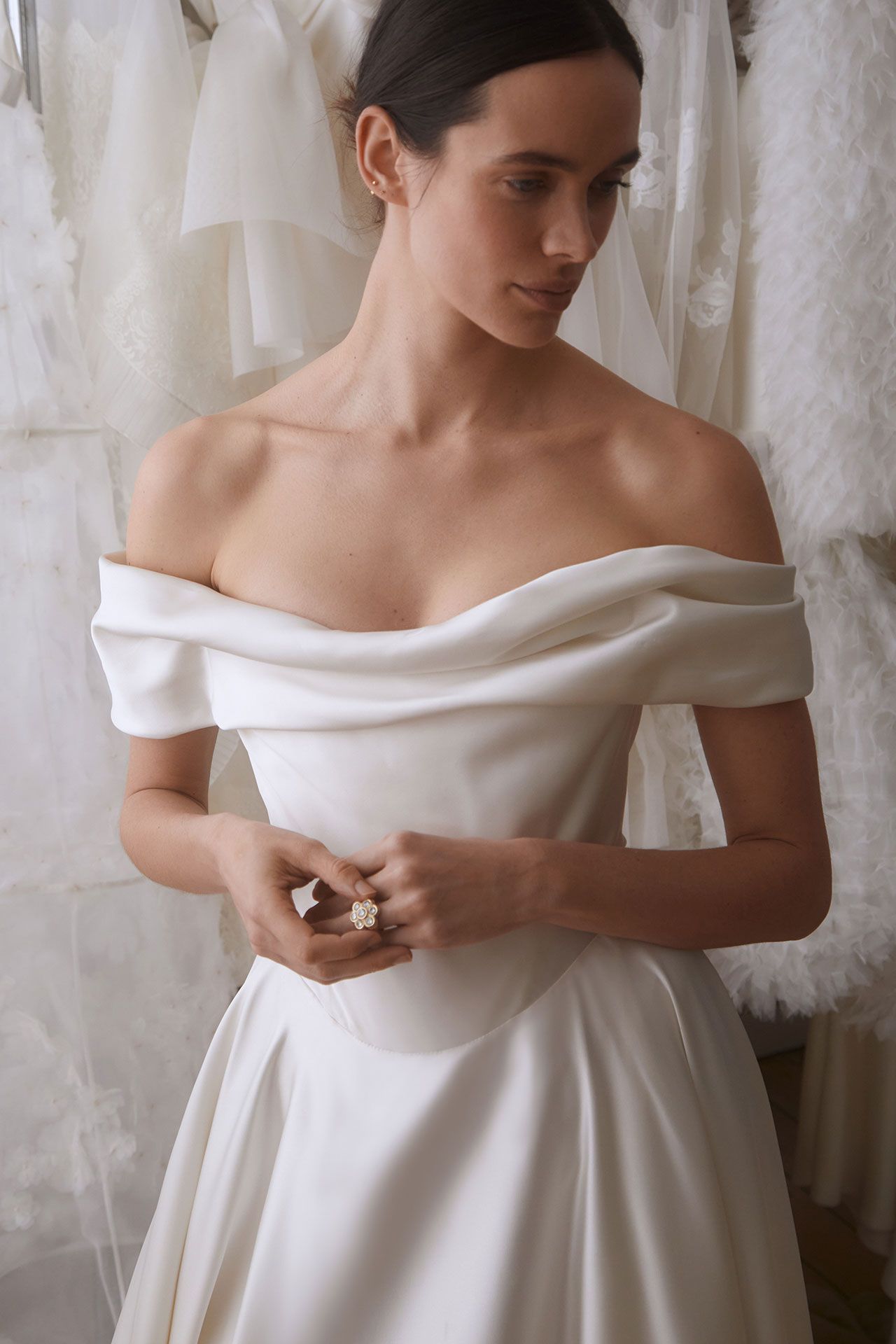 Image may contain Stacy Martin Clothing Dress Fashion Formal Wear Gown Wedding Wedding Gown Evening Dress and Adult