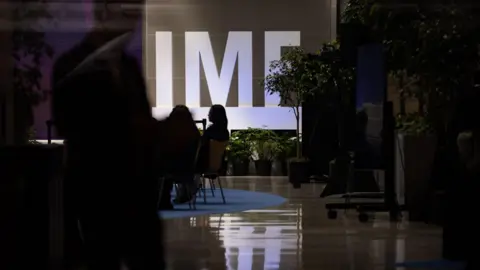 A sign for the IMF is seen during the 2025 IMF and World Bank Spring Meetings at IMF Headquarters in Washington, DC, USA 25 April 2025.