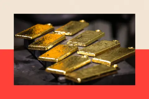 AFP via Getty Images Nine pieces of gold are placed out in Sydney, Australia, on 29 April 2025.