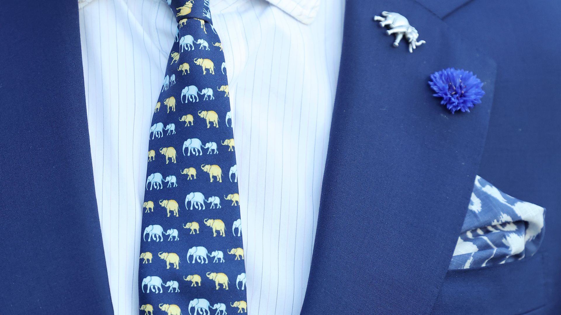 Blue suit with an elephant tie and pin