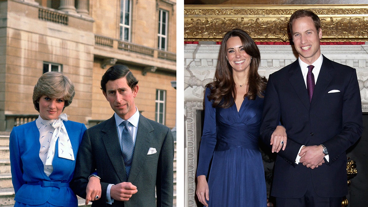 A split side-by-side photos of Kate Middleton and Princess Diana on their engagement.