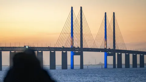 Getty Images The  Oresund Bridge lit up with the Swedish flag