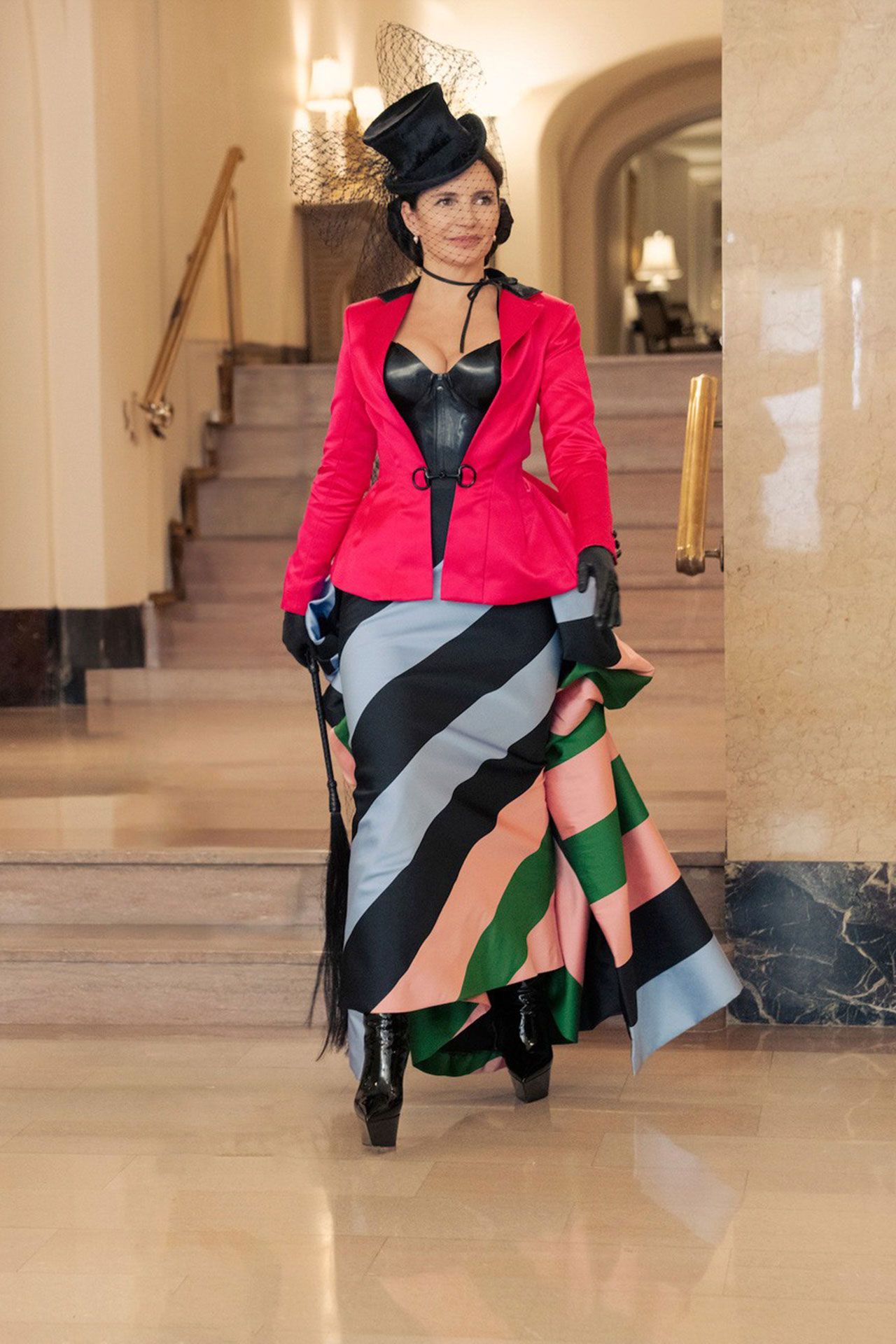 Image may contain Kristin Davis Person Clothing Glove Adult Footwear High Heel Shoe Hat Lamp Chair and Furniture