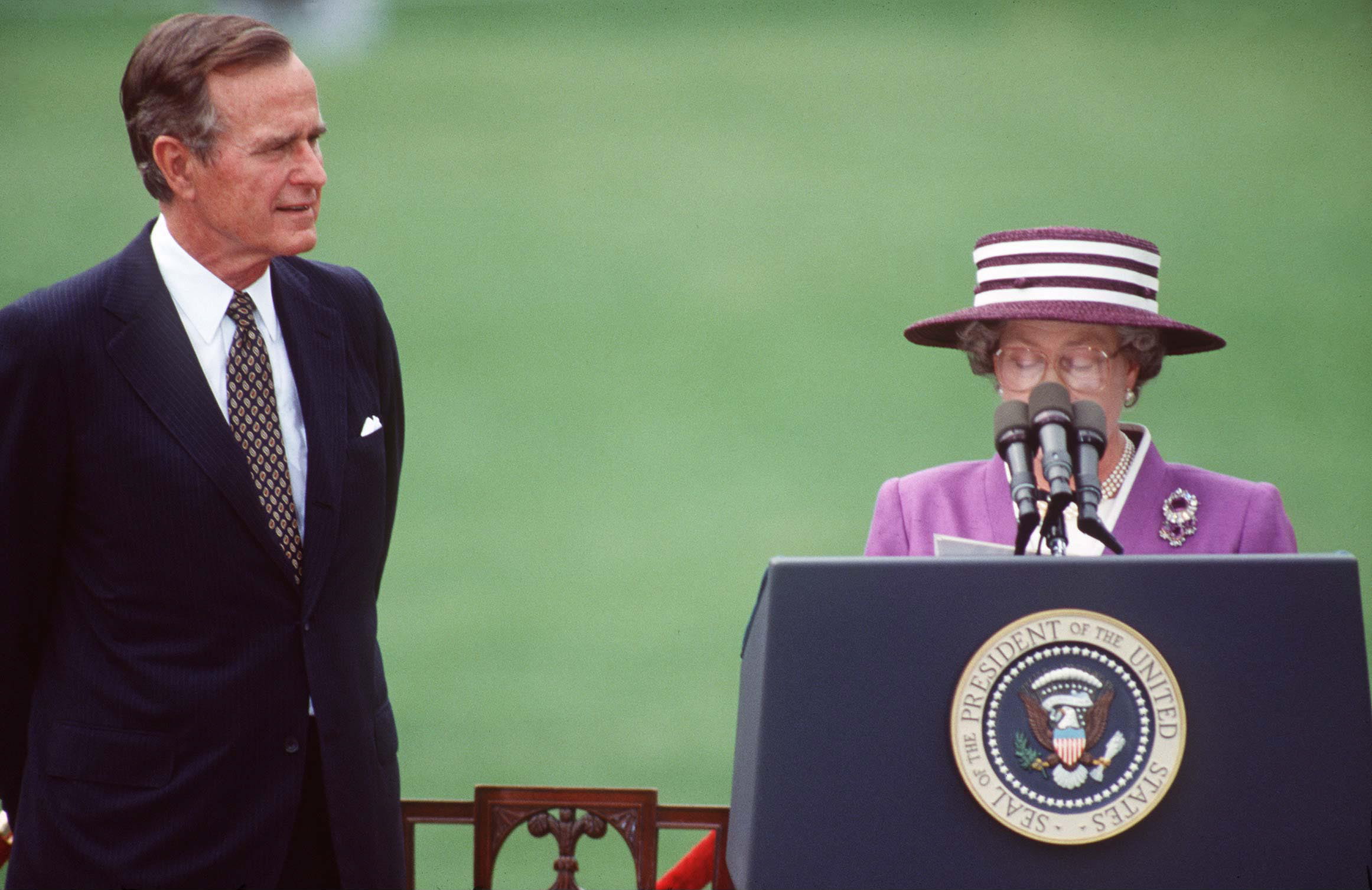 Queen Elizabeth II and President George H.W. Bush at the White House.