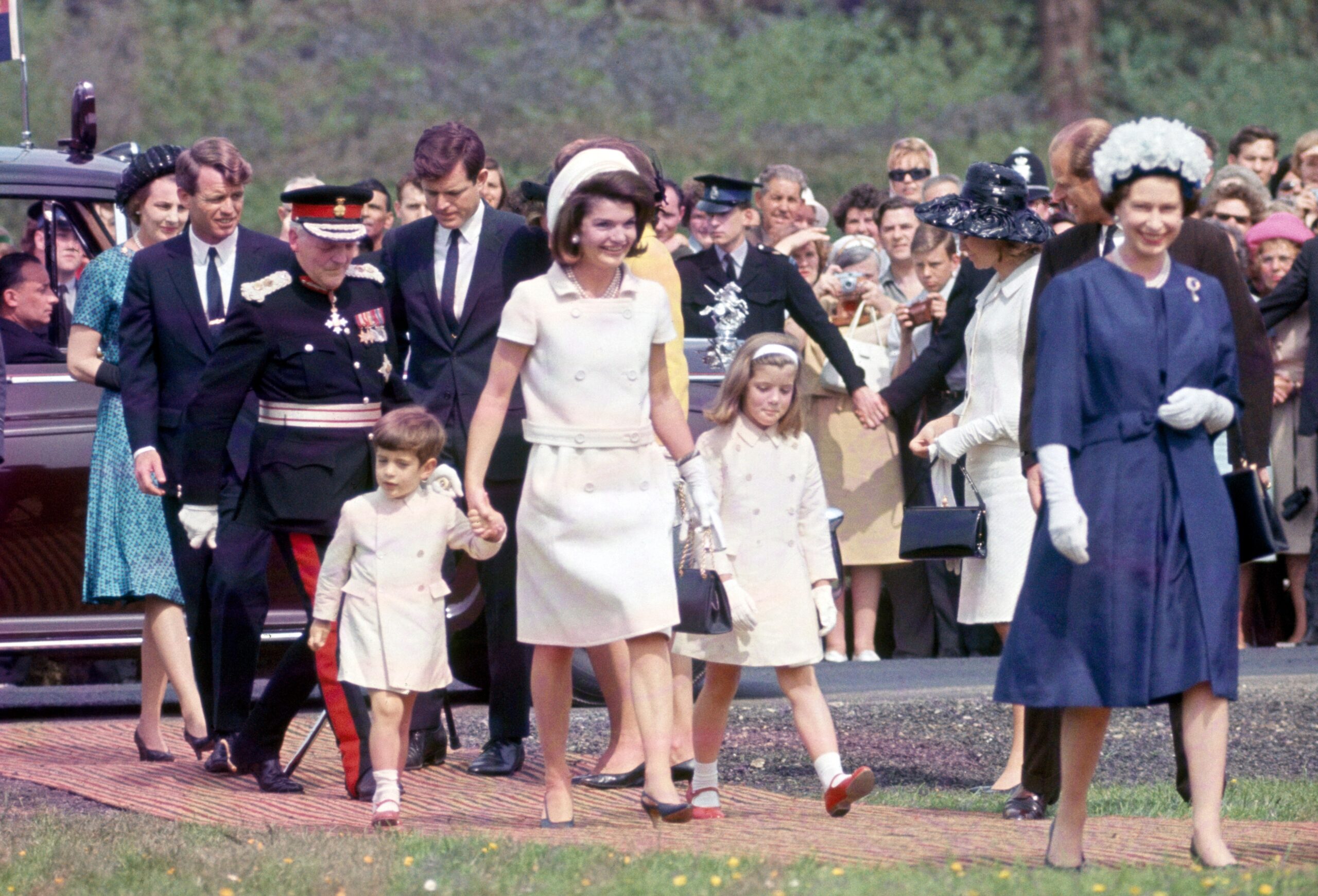 The Kennedy family and Queen Elizabeth II at the John F. Kennedy memorial dedication.
