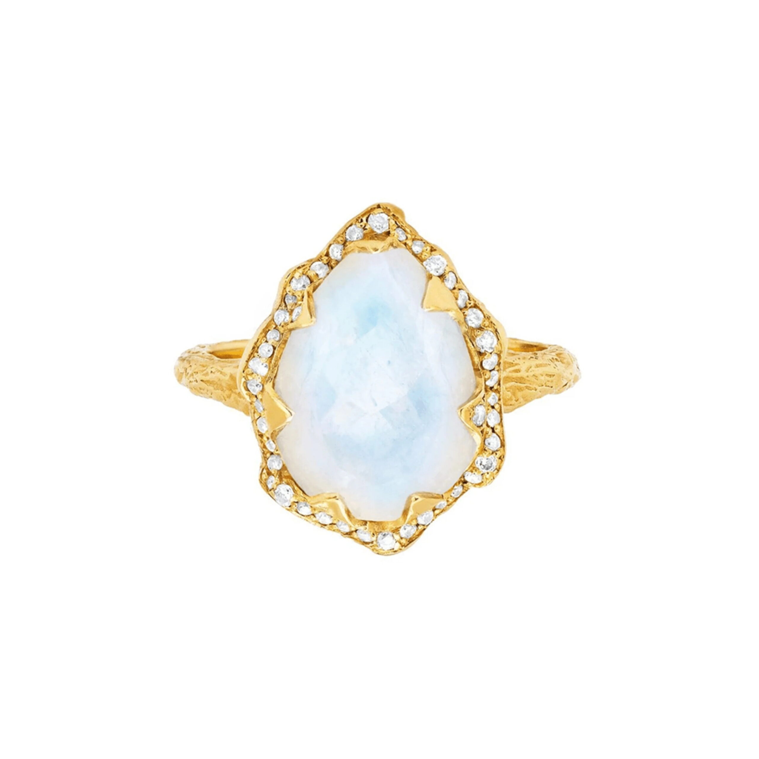 Queen Water Drop Moonstone Ring with Full Pav&eacute; Diamond Halo