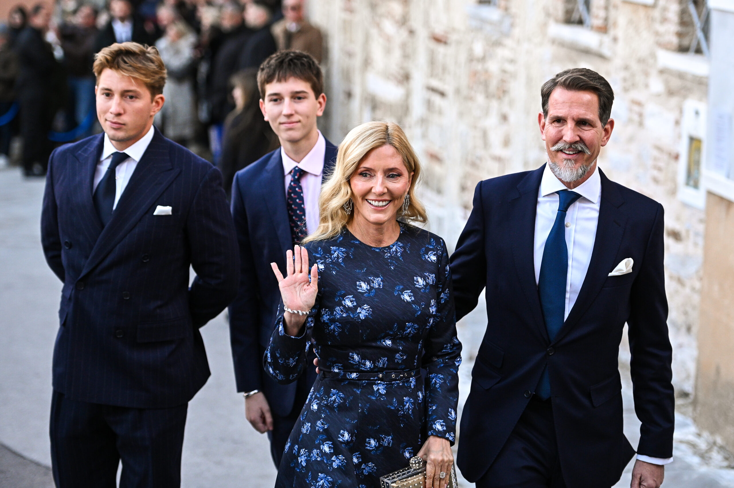 Pavlos, Crown Prince of Greece, Marie-Chantal, Crown Princess of Greece, and their sons, Prince Constantine Alexios and Prince Aristides Stavros, arrive at the Royal Wedding of Prince Nikolaos of Greece with Chrysi Vardinoyannis in St. Nicholas Ragavas, in Athens, Greece, on February 7, 2025