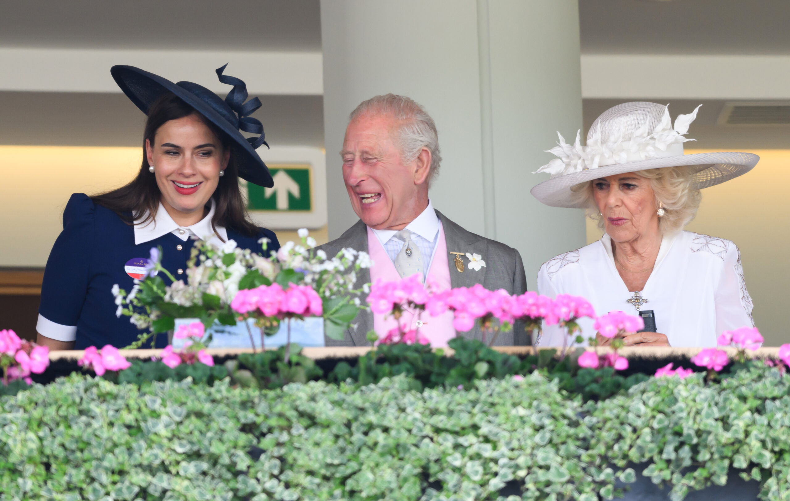 Sophie Winkleman, King Charles and Queen Camilla talking and laughing at Royal Ascot
