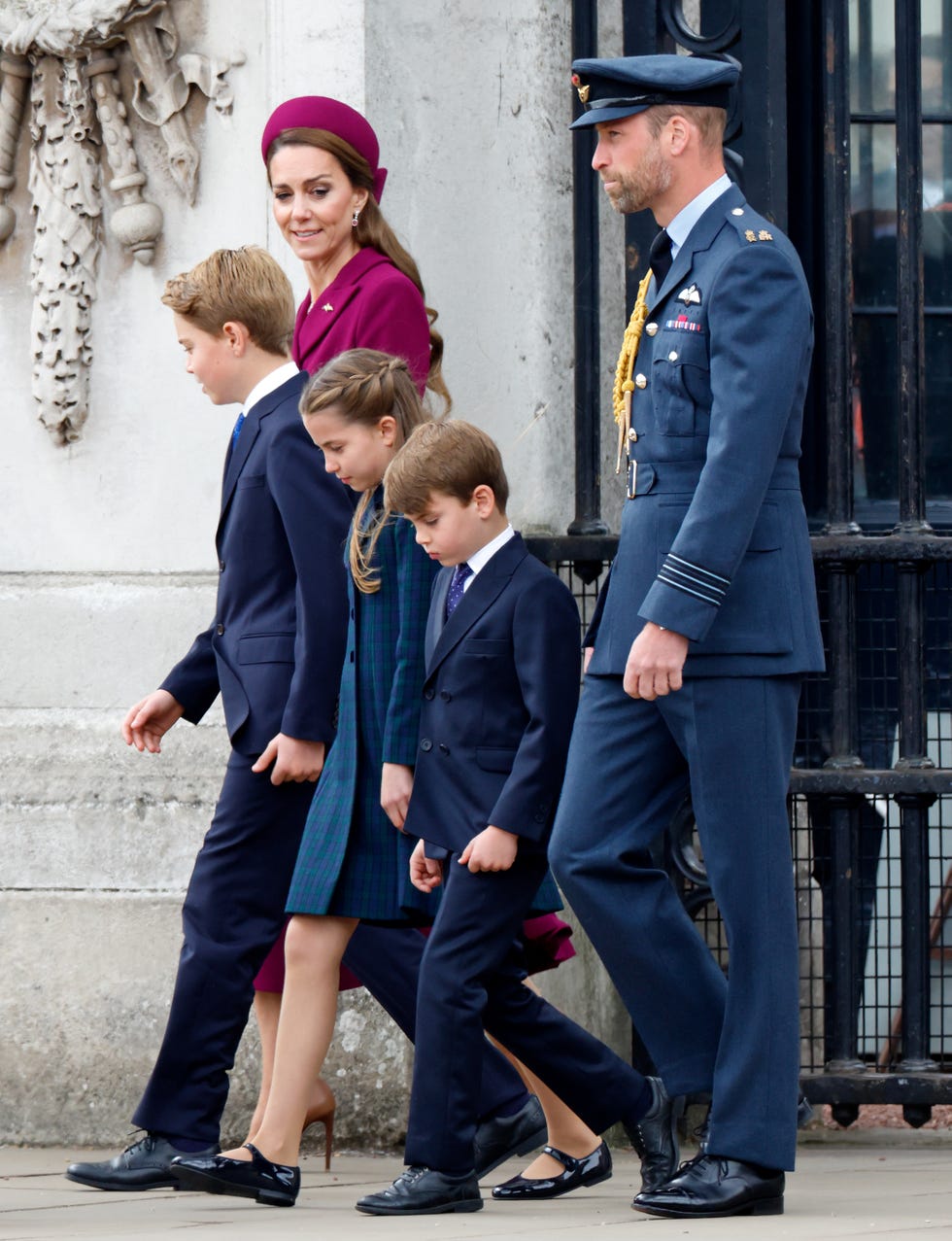 london, united kingdom may 05: (embargoed for publication in uk newspapers until 24 hours after create date and time) catherine, princess of wales, prince george of wales, princess charlotte of wales, prince louis of wales and prince william, prince of wales depart buckingham palace to watch a military procession, down the mall, to mark the 80th anniversary of ve day on may 5, 2025 in london, england. the king and queen, joined by members of the royal family, will take part in events from may 5th to may 8th to commemorate the 80th anniversary of ve day, which signalled the end of the second world war in europe. (photo by max mumby/indigo/getty images)