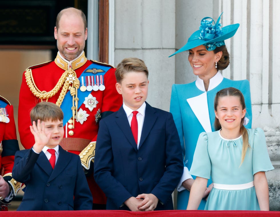london, united kingdom june 14: (embargoed for publication in uk newspapers until 24 hours after create date and time) prince william, prince of wales (colonel of the welsh guards), prince louis of wales, prince george of wales, catherine, princess of wales and princess charlotte of wales watch an raf flypast from the balcony of buckingham palace after attending trooping the colour 2025 on june 14, 2025 in london, england. trooping the colour, also known as the kings birthday parade, is a military ceremony to mark the official birthday of the british sovereign. the ceremony, which takes place at horse guards parade followed by a flypast over buckingham palace, was first performed in the mid 17th century during the reign of king charles ii. the parade features all seven regiments of the household division with number 7 company coldstream guards being the regiment this year having their colour trooped. (photo by max mumby/indigo/getty images)