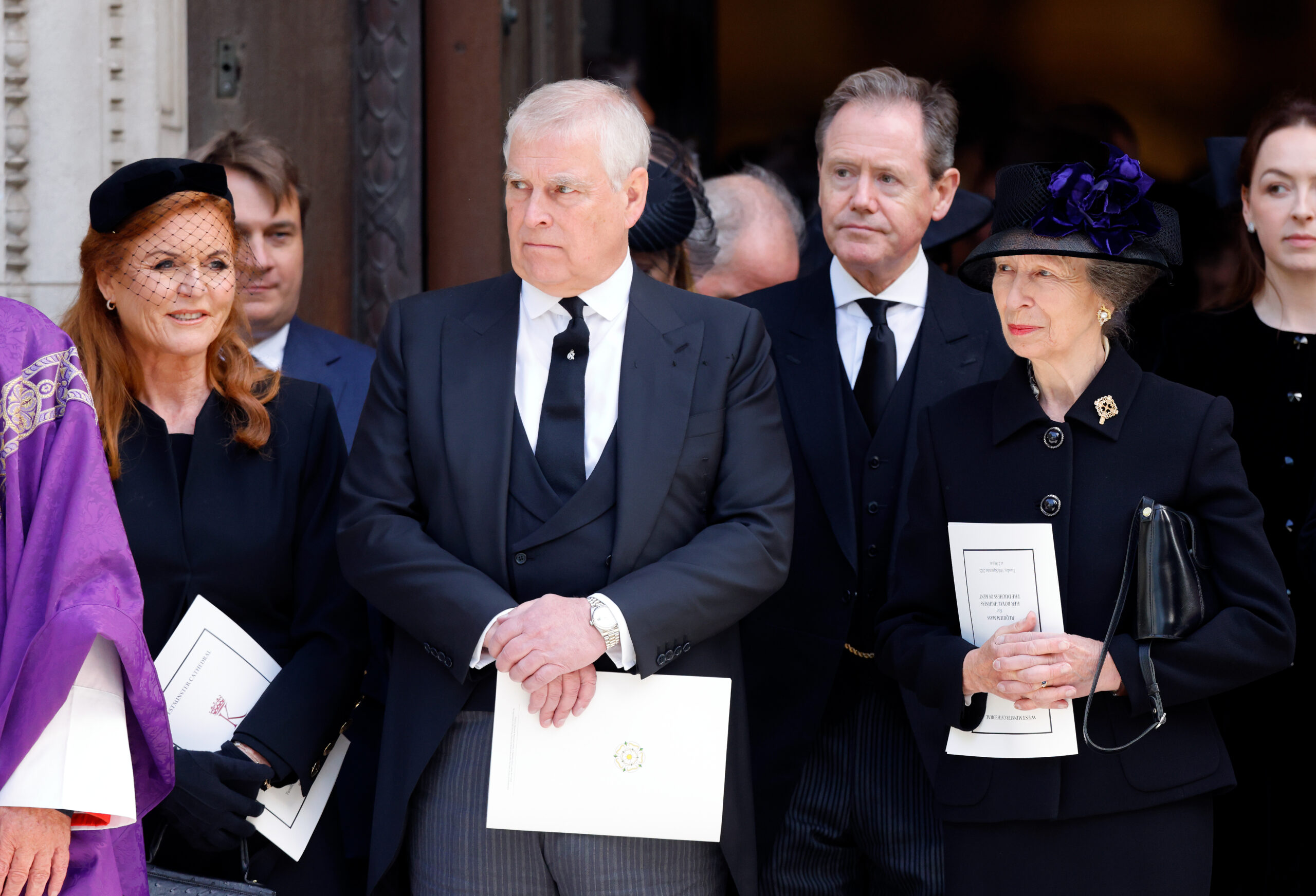 Prince Andrew, Sarah Ferguson and Princess Anne wearing black at the Duchess of Kent's funeral