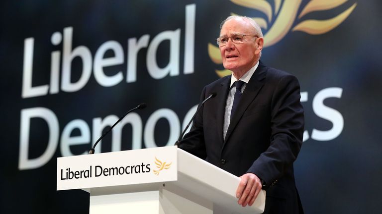 Sir Menzies Campbell addressing the Lib Dem conference in 2018