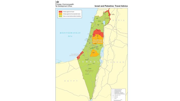 An updated map of Israel and Palestine on the Foreign, Commonwealth & Development Office website