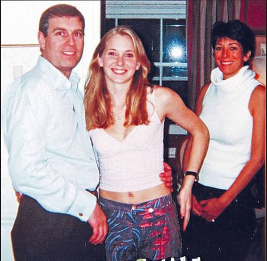 A photograph appearing to show Prince Andrew with Epstein's accuser Virginia Roberts Giuffre and Ghislaine Maxwell.