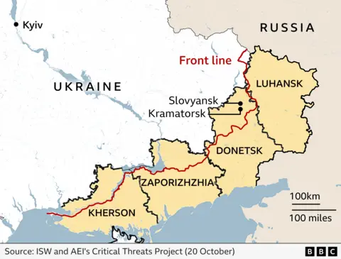 Map shows the Russia-Ukraine front line running through four Ukrainian regions, across which Russia has much control: Luhansk, Donetsk, Zaporizhzhia and Kherson