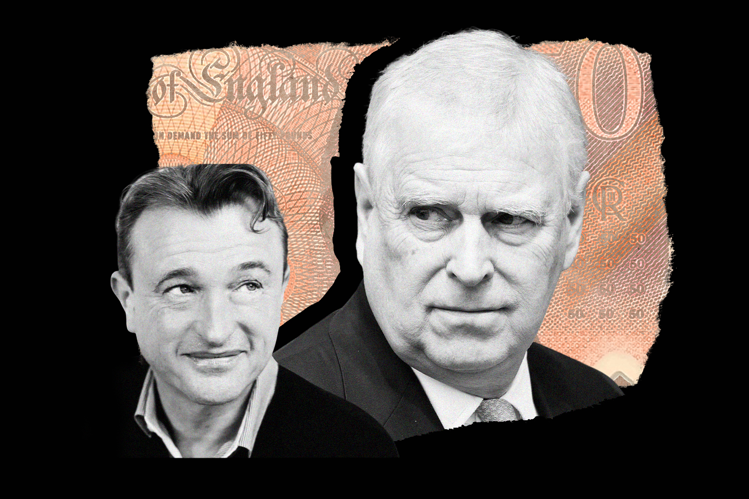 Collage of black and white headshots of a man smiling and Prince Andrew, superimposed over a faded portion of a British 50 pound note.