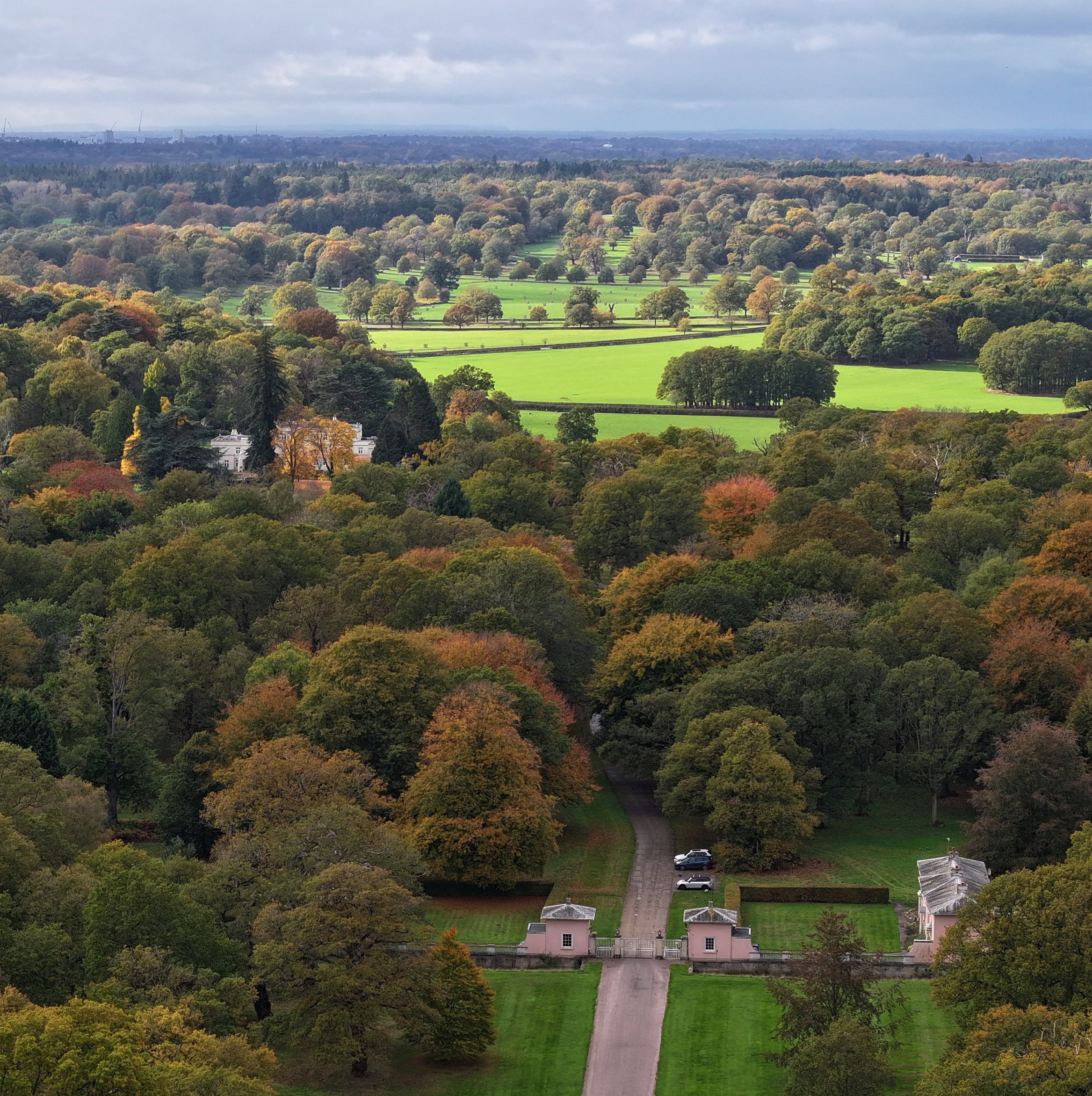 Drone view of the entrance gate to Prince Andrew's Royal Lodge in Windsor.