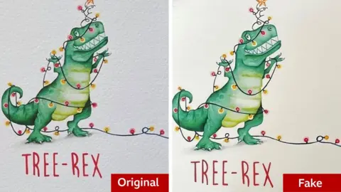 BBC/Citrus Bunn Two versions of the same design of Christmas card with the one on the left marked as original and the one on the right marked as fake. The card shows a painting of a green dinosaur grinning and tangled in Christmas tree lights. The card text says Tree-Rex. The fake card looks faded and poorer quality with a lack of texture and depth to the painting.