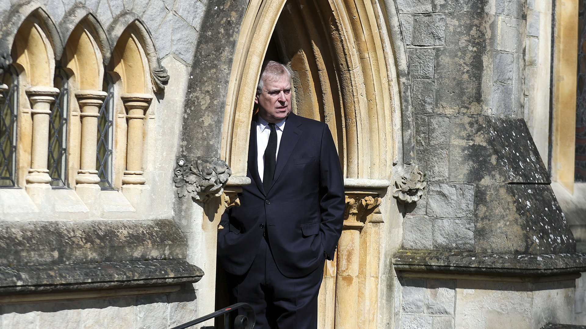 Britain's Prince Andrew, Duke of York, attends Sunday service at the Royal Chapel of All Saints, at Royal Lodge, in Windsor on April 11, 2021, two days after the death of his father Britain's Prince Philip, Duke of Edinburgh. - Queen Elizabeth II has described feeling a "huge void in her life" following the death of her husband Prince Philip, their son Prince Andrew said on April 11. Andrew, the couple's second son, said following family prayers at Windsor Castle that his mother was "contemplating" her husband's passing after his death on April 9 aged 99. (Photo by Steve Parsons / POOL / AFP) (Photo by STEVE PARSONS/POOL/AFP via Getty Images)