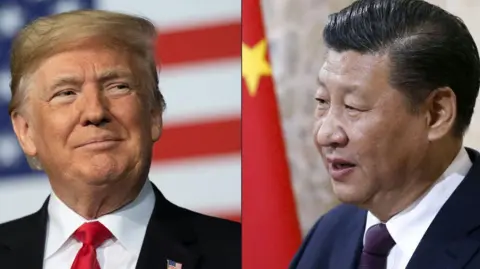 Getty Images This combination of pictures created shows portraits of US President Donald Trump (left) facing the right and China's President Xi Jinping looking towards the left. Both men are pictured positioned in front of their respective national flags.