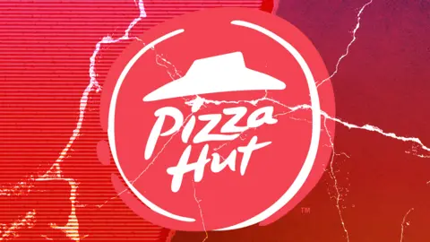 BBC Pizza Hut logo on cracked red background 