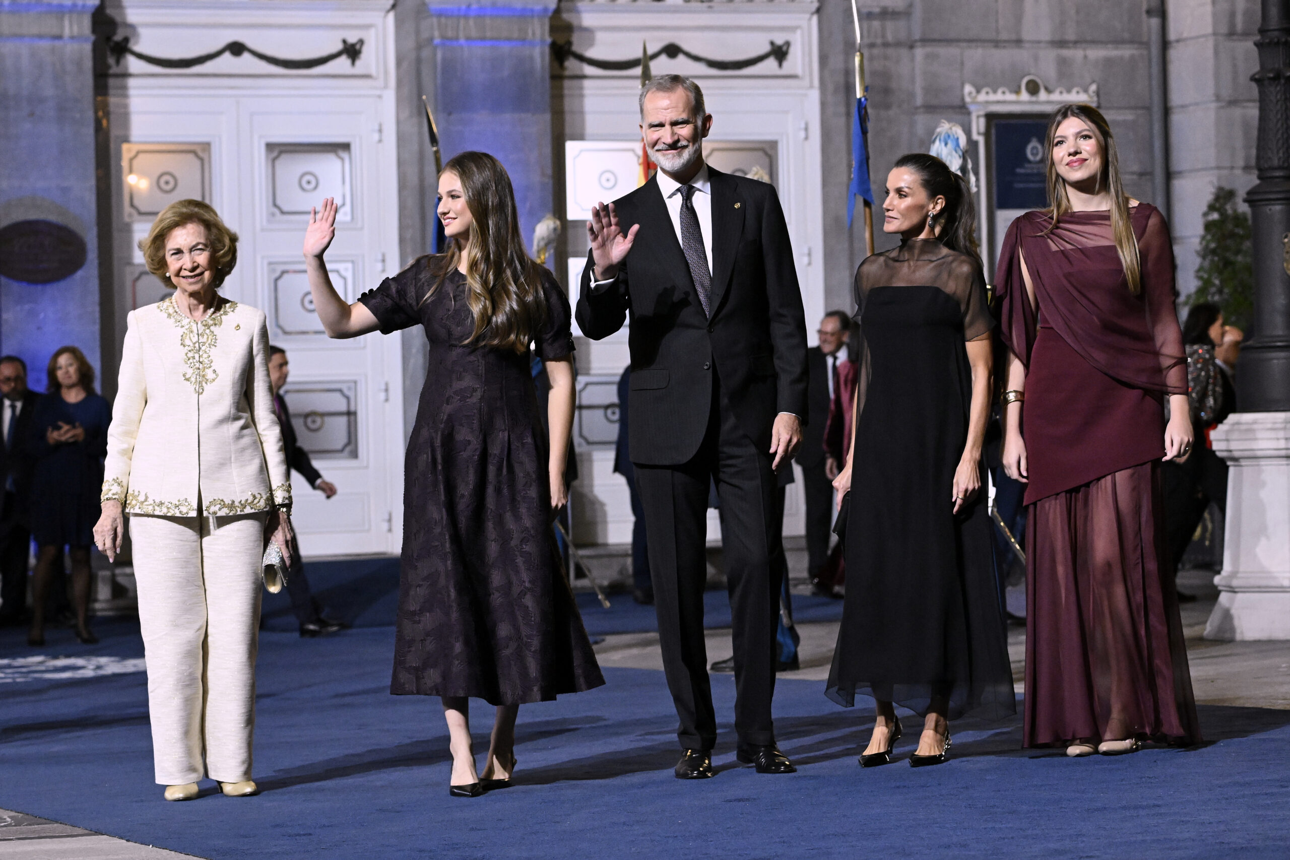Queen Sofia, Crown Princess Leonor of Spain, King Felipe VI of Spain, Queen Letizia of Spain and Princess Sofia of Spain walking the red carpet at the Princess of Asturias Awards