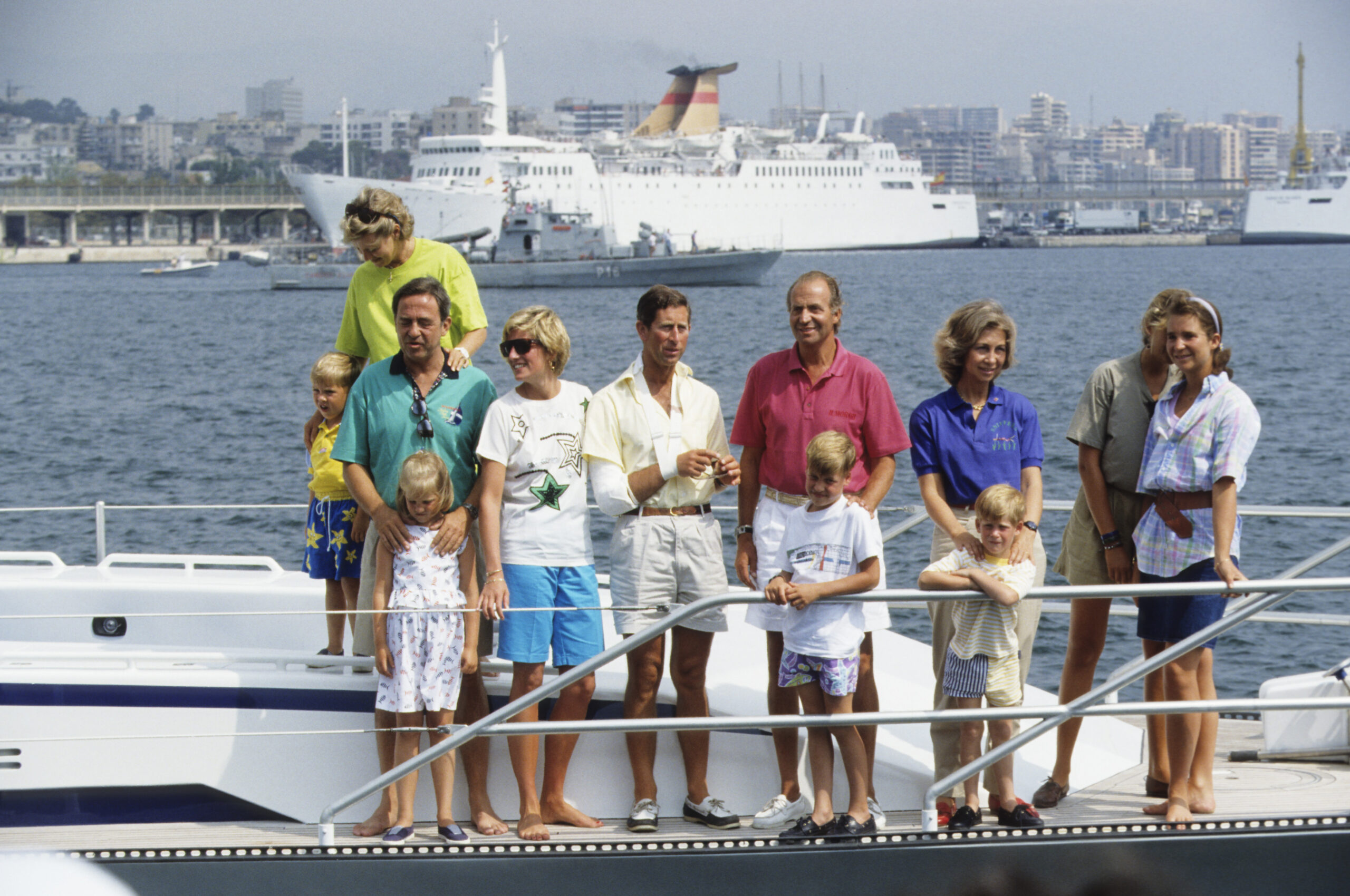 Princess Diana, Prince Charles, Harry and William and the Spanish royal family on a yacht