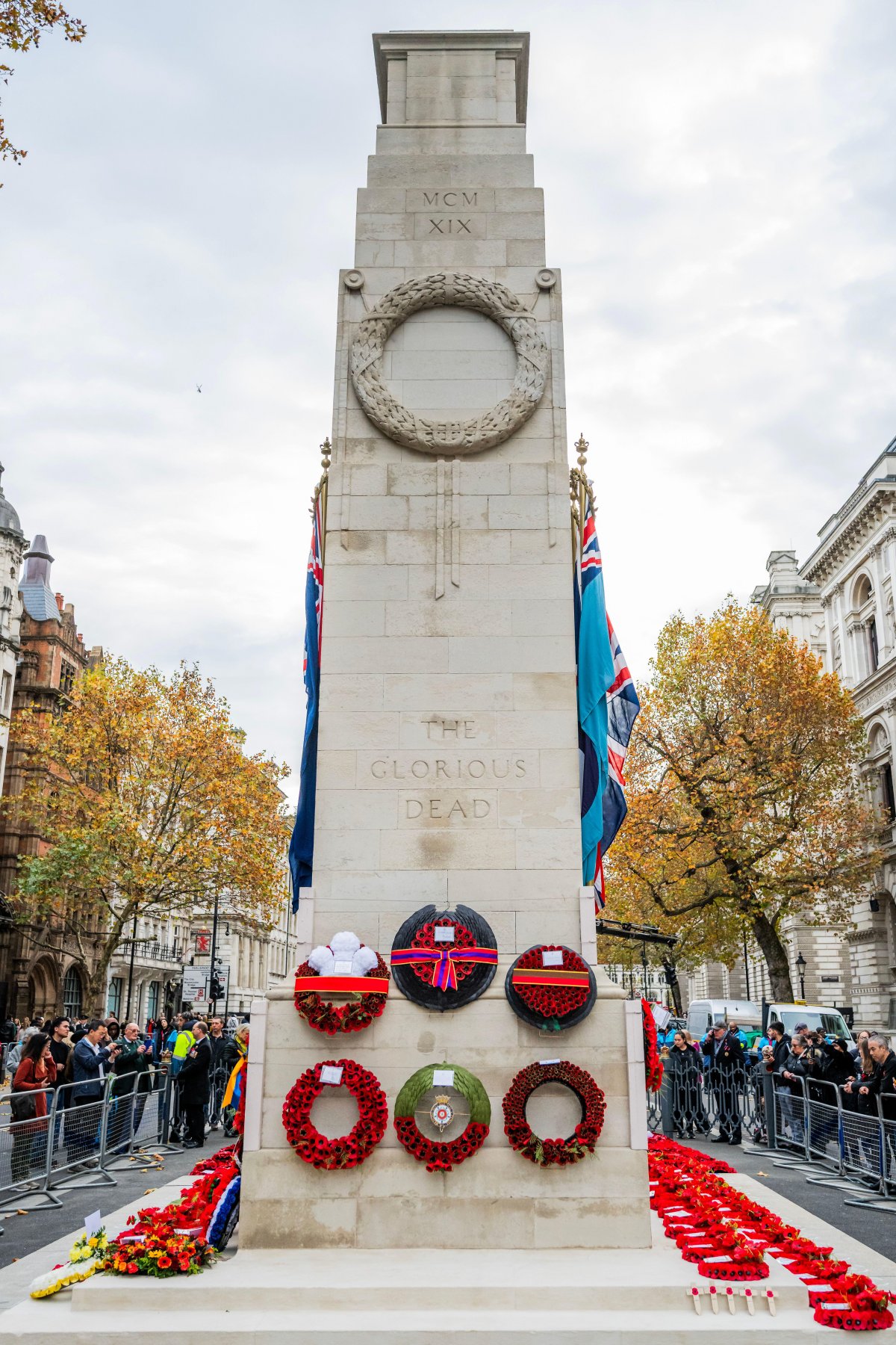 Wreaths laid during the Remembrance Sunday ceremony are pictured at the Cenotaph in London on November 9, 2025 (Guy Bell/Alamy)