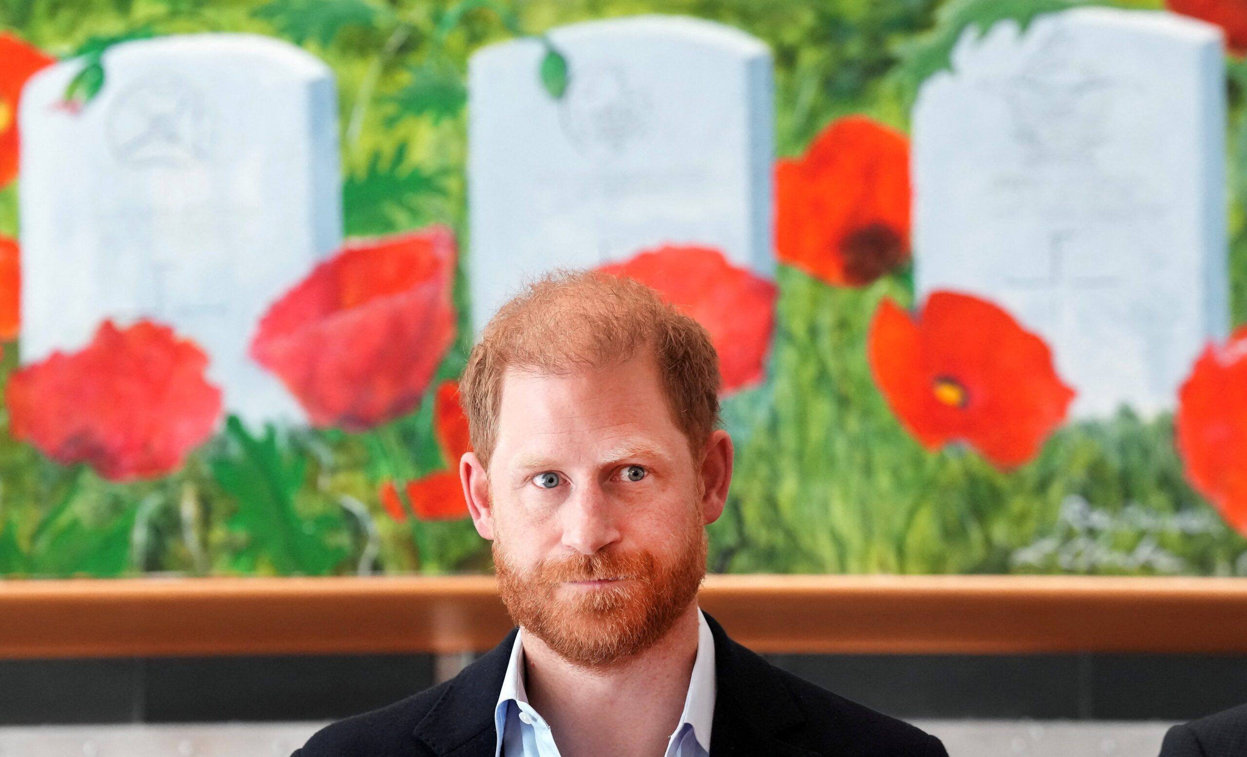Prince Harry looking forward with a painting of poppies and tombstones behind him.