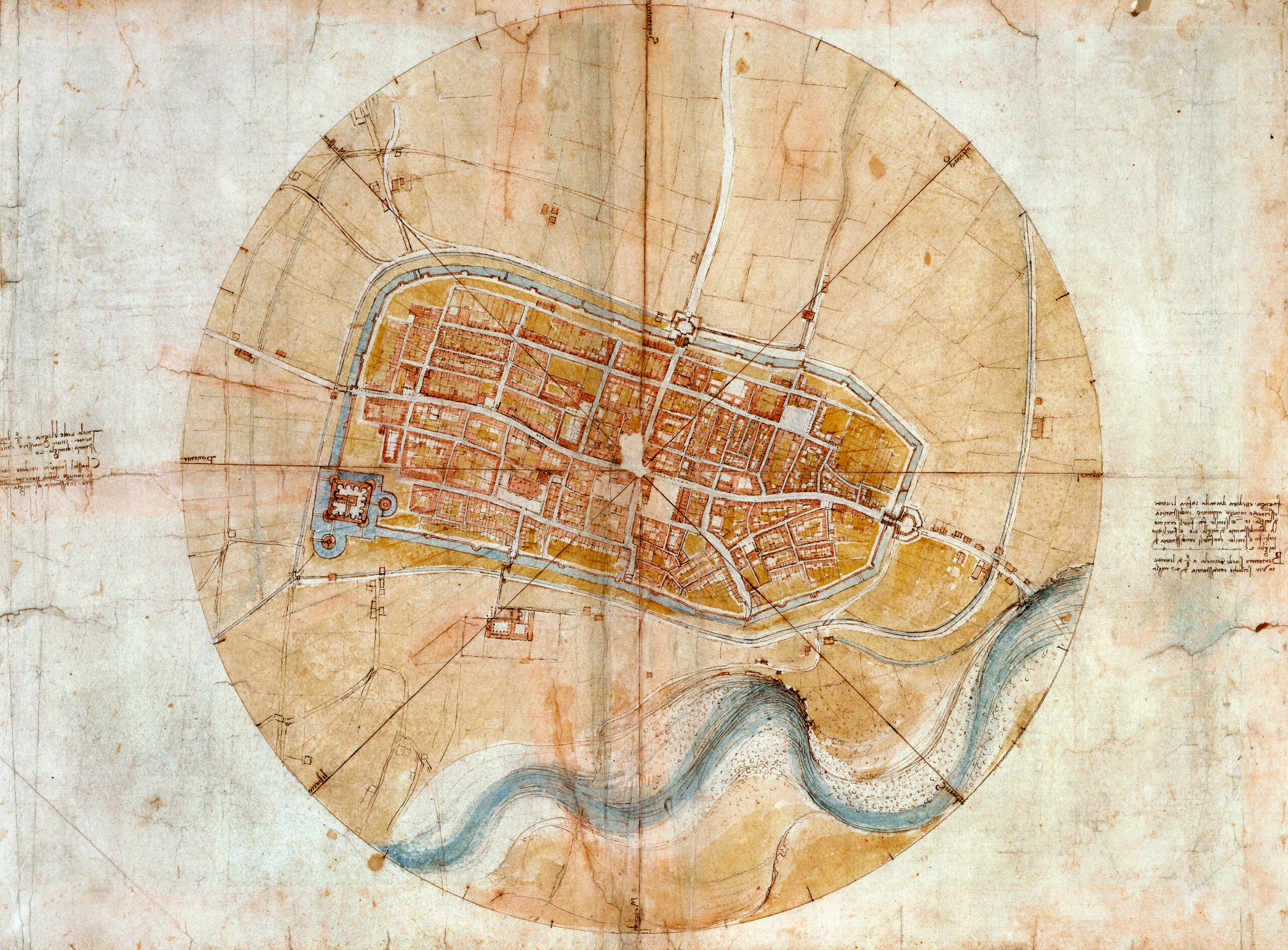 Illustration of Leonardo da Vinci's 1502 plan of Imola, an intricately detailed map of the city.