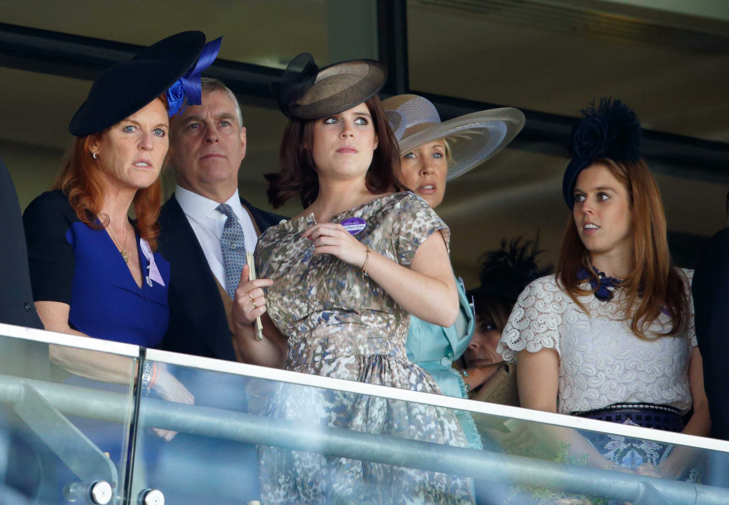 Sarah Ferguson, Prince Andrew, Princess Eugenie, Catrina Skepper, Countess Guerrini-Maraldi and Princess Beatrice watch the racing at Royal Ascot.