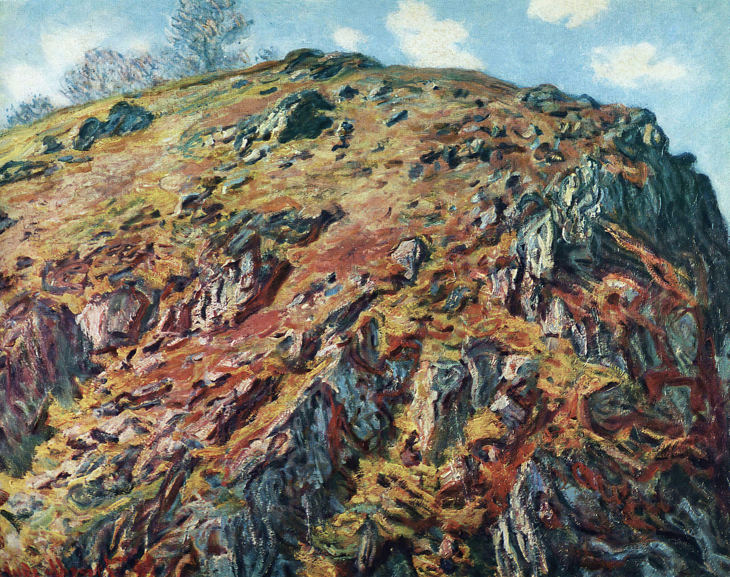 Illustration of a rugged, rocky hillside in various shades of brown, red, and yellow under a blue sky with white clouds.