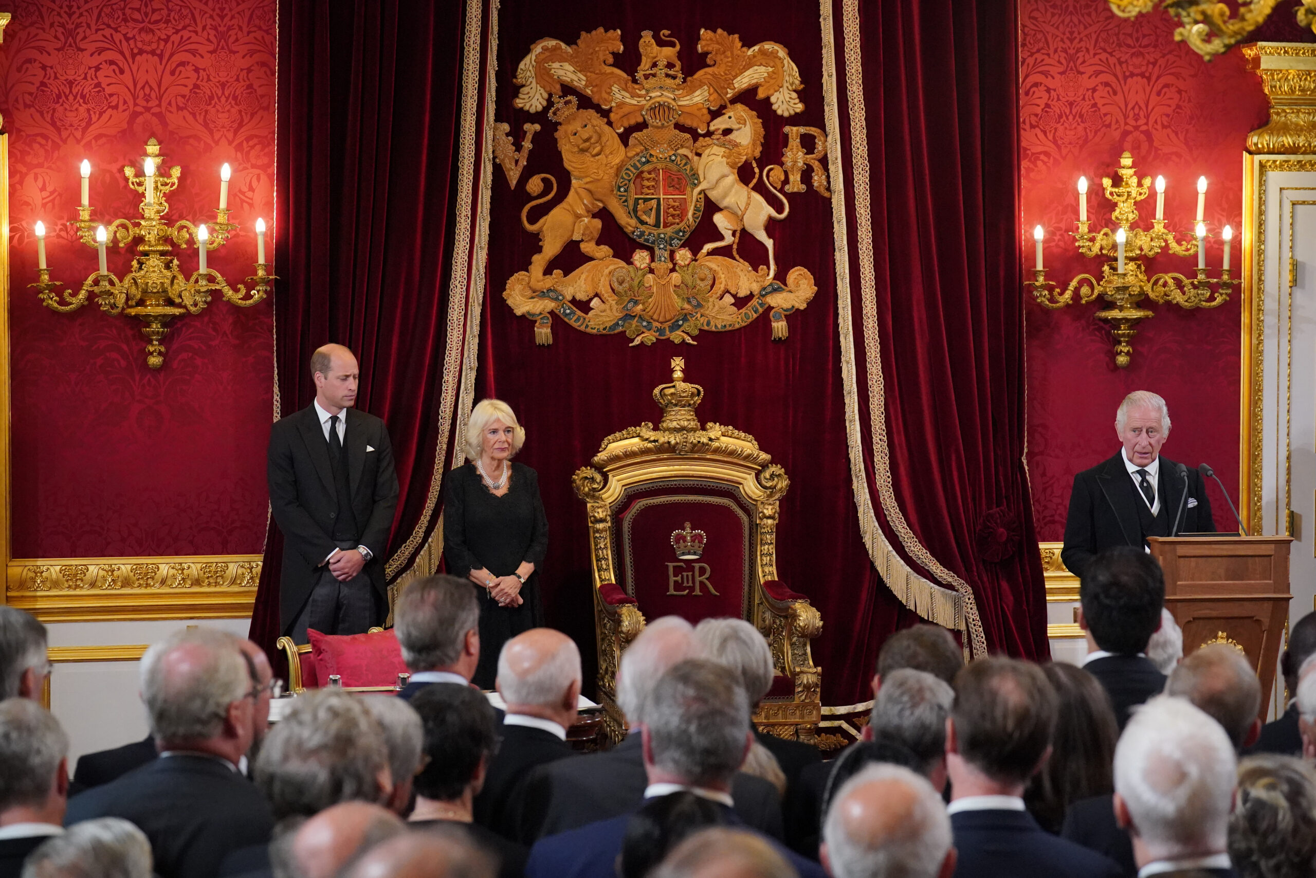 Prince William, Queen Camilla, and King Charles III during the Accession Council at St James's Palace.