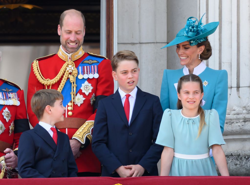Prince Louis, Prince William, Prince George, Catherine, Princess of Wales and Princess Charlotte on the balcony of Buckingham Palace during Trooping The Colour 2025 on June 14, 2025