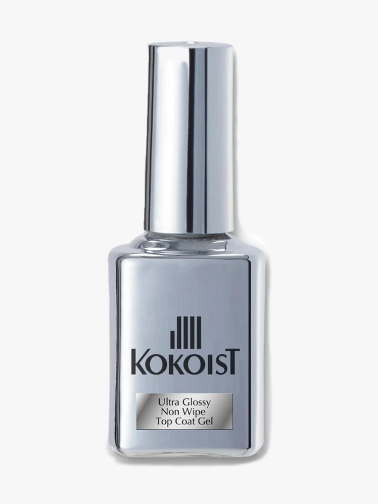 Kokoist silver bottle of glossy top coat, on a gray background. 