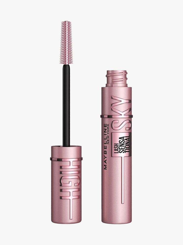 Maybelline New York Sky High in True Brown pink tube of mascara on light gray background