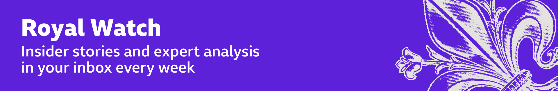 Thin, purple banner promoting the Royal Watch newsletter with text saying, “Insider stories and expert analysis in your inbox every week”. There is also a graphic of a fleur-de-lis in white. 