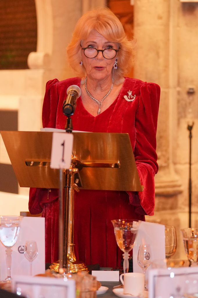 LONDON, ENGLAND - NOVEMBER 27: Queen Camilla, Colonel-in-Chief The Rifles and Royal Colonel 4th Battalion The Ranger Regiment, makes a speech as she attends the Biennial RIFLES Awards Dinner on November 27, 2025 in London, England. (Photo by Kin Cheung - WPA Pool/Getty Images)