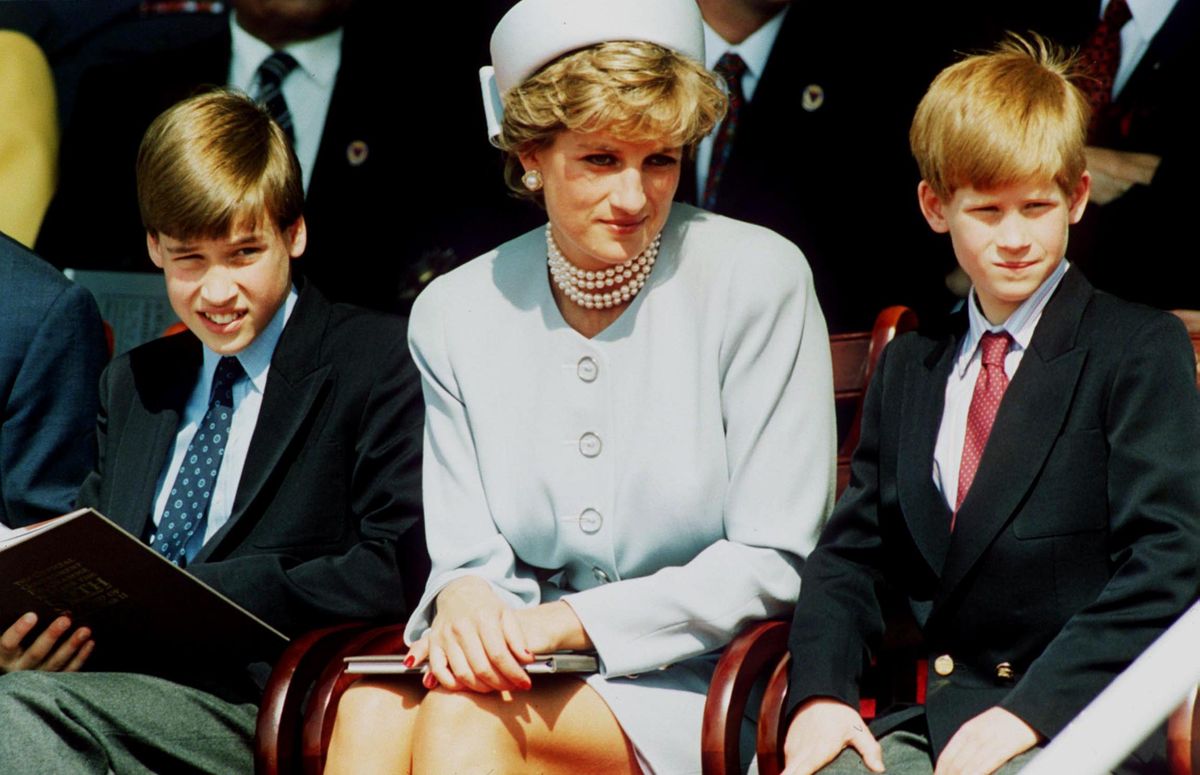 Princess Diana, Princess of Wales, with her sons Prince William and Prince Harry, on May 7, 1995, in London, England. 