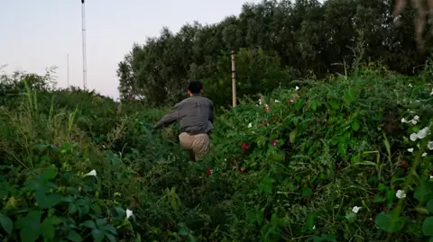 A photo of Silva taken from behind as he runs through the bushes in pursuit of the poacher.  