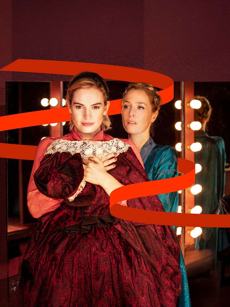 Image may contain: Lily James, Gillian Anderson, Person, Adult, Wedding, Clothing, Dress, Velvet, Face, Head, and Photography