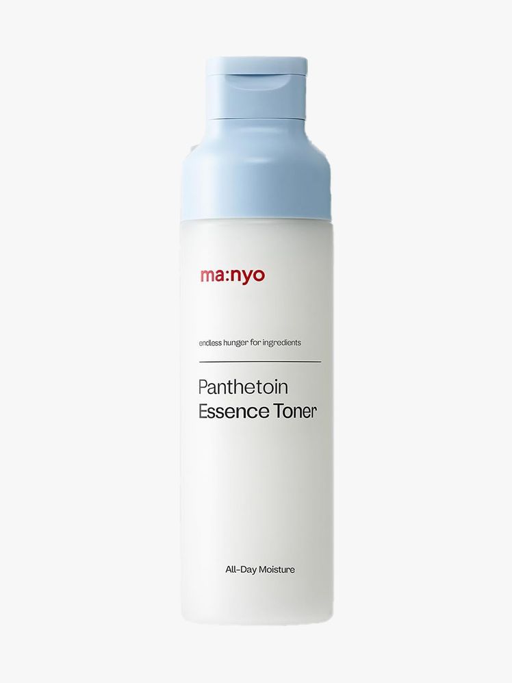 Manyo Factory Panthetoin Essence Toner white bottle with a light blue cap on light gray background