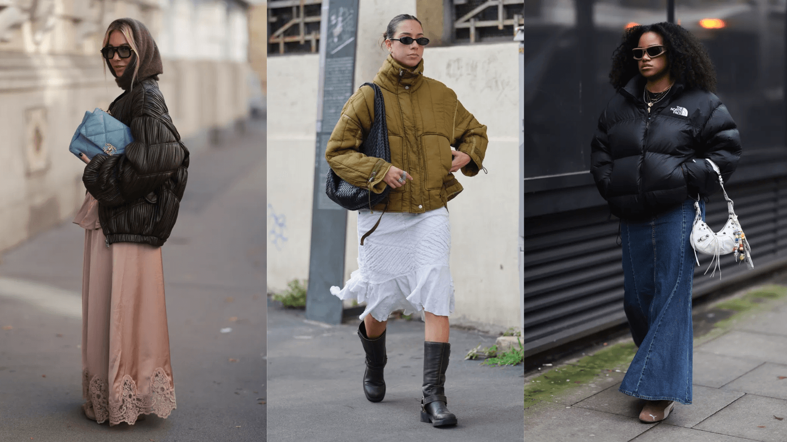 Puffer jacket and midi skirt