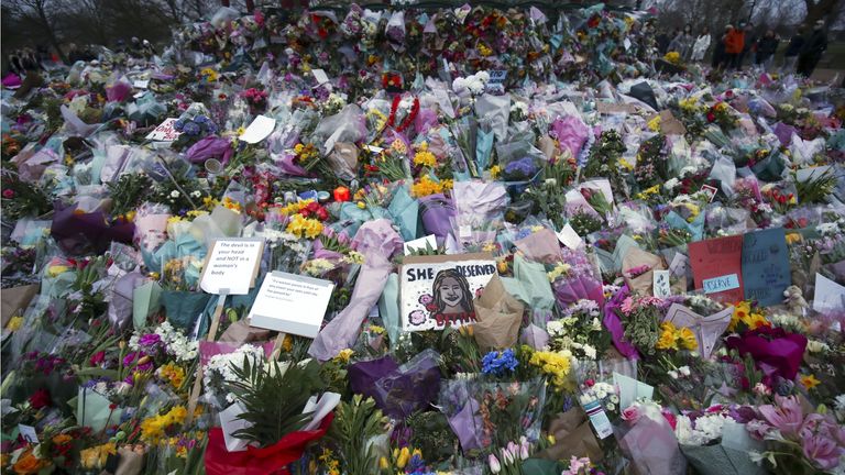 Floral tributes and a drawing of Sarah Everard were left at the Bandstand on Clapham Common, London. Pic: PA