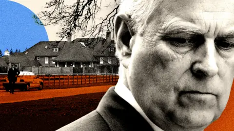 Getty Images/BBC A graphic featuring a close-up black-and-white image of Andrew Mountbatten-Windsor looking concerned superimposed on an image of Sunninghill Park mansion, a large two-story brick house.