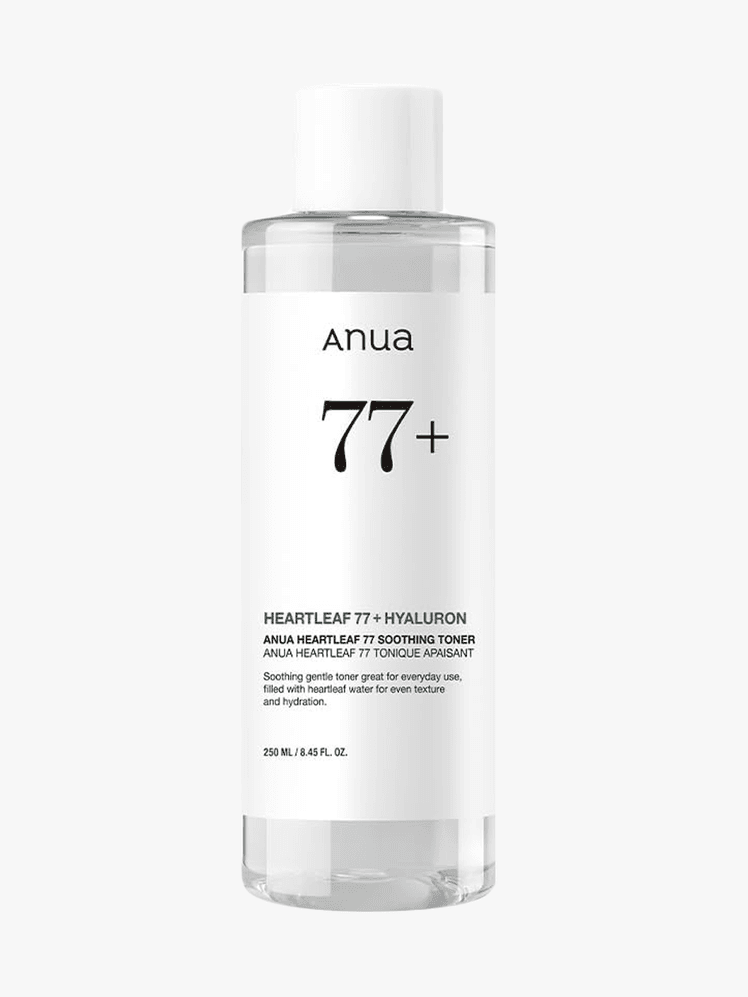 Anua Heartleaf 77 Soothing Toner in branded bottle component on a light gray background